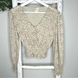 Japna Floral Print Long Sleeve Smocked Waist V Neck cropped Top